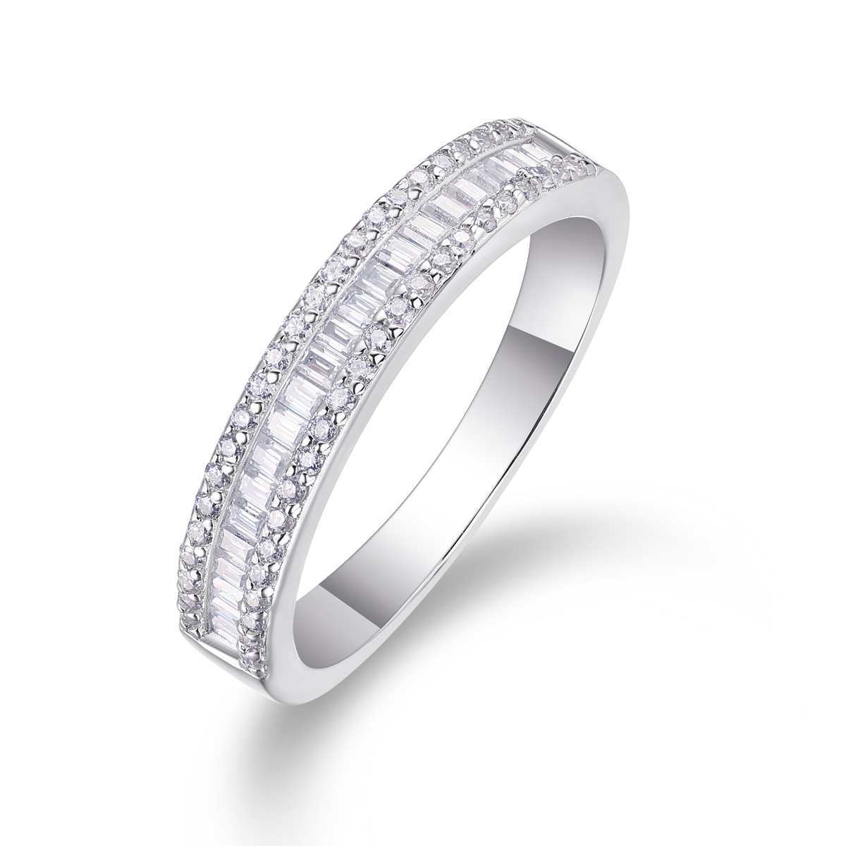 S925 Silver 2.8g Platinum Plated Moissanite Ring, 4.5mm Baguette & Round Pave Band, GRA Certified US 5-9 photo 1