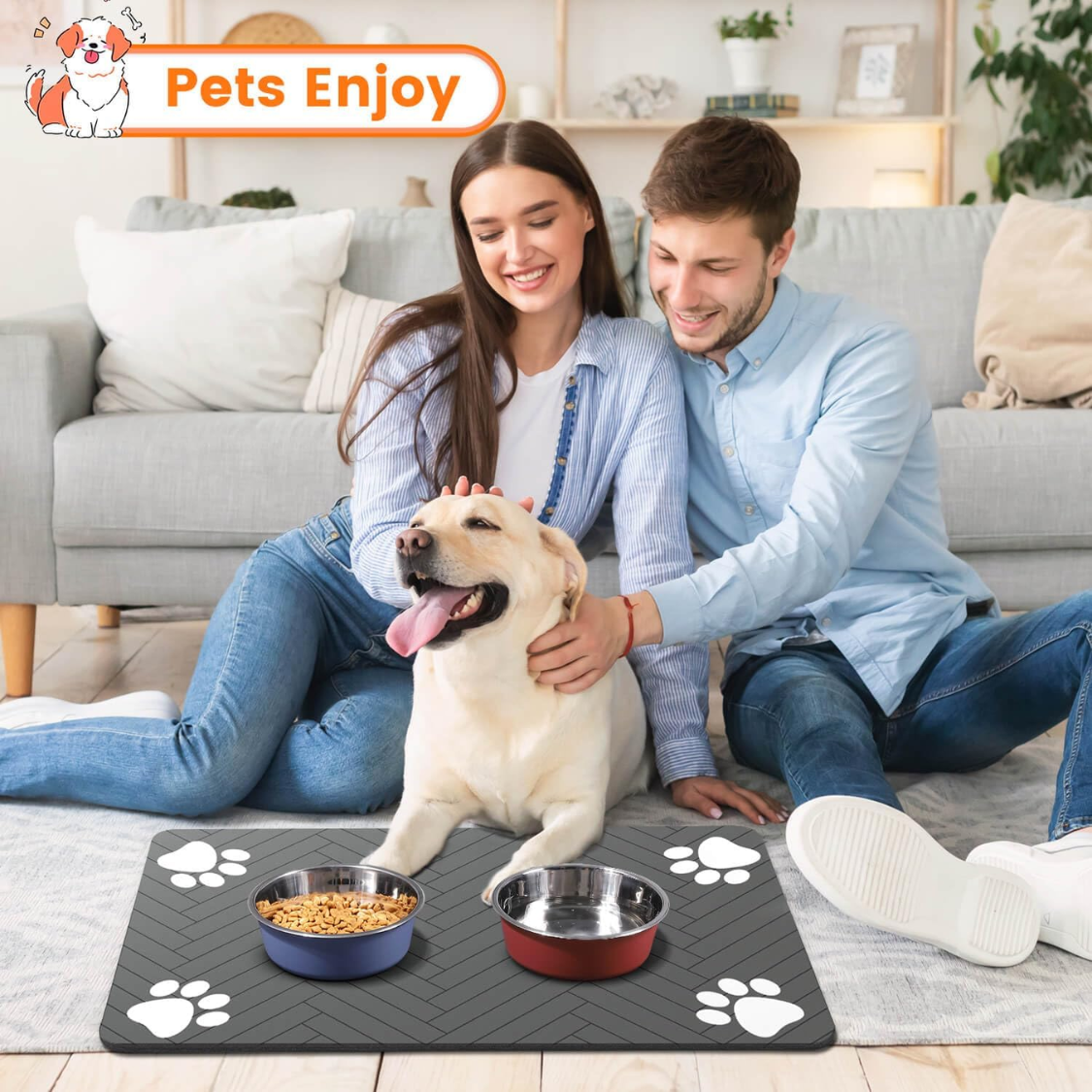 Absorbent Pet Feeding Mat 20x12 Inch, Waterproof Rubber Backing, Dark Gray Striped photo 2