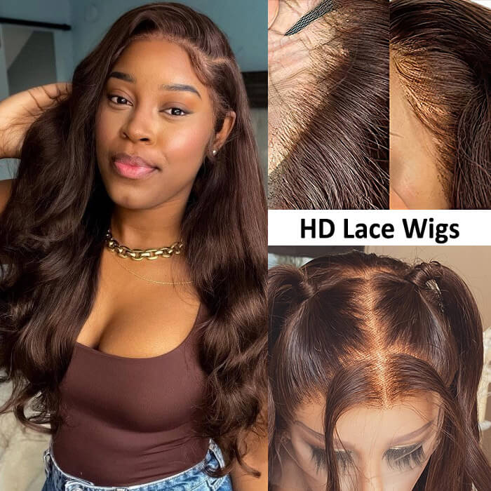 4x4 Lace Human Hair Wig Chocolate Brown Body Wave, Density photo 1