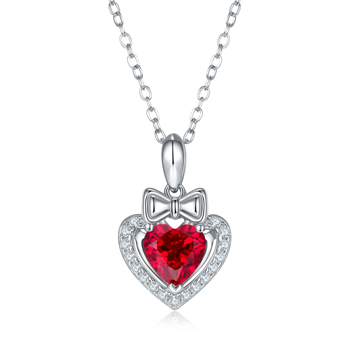 S925 Silver 3g Platinum Plated 1.56ct Lab-Created Ruby Heart Necklace, 7mm Pendant, 40&5cm photo 1