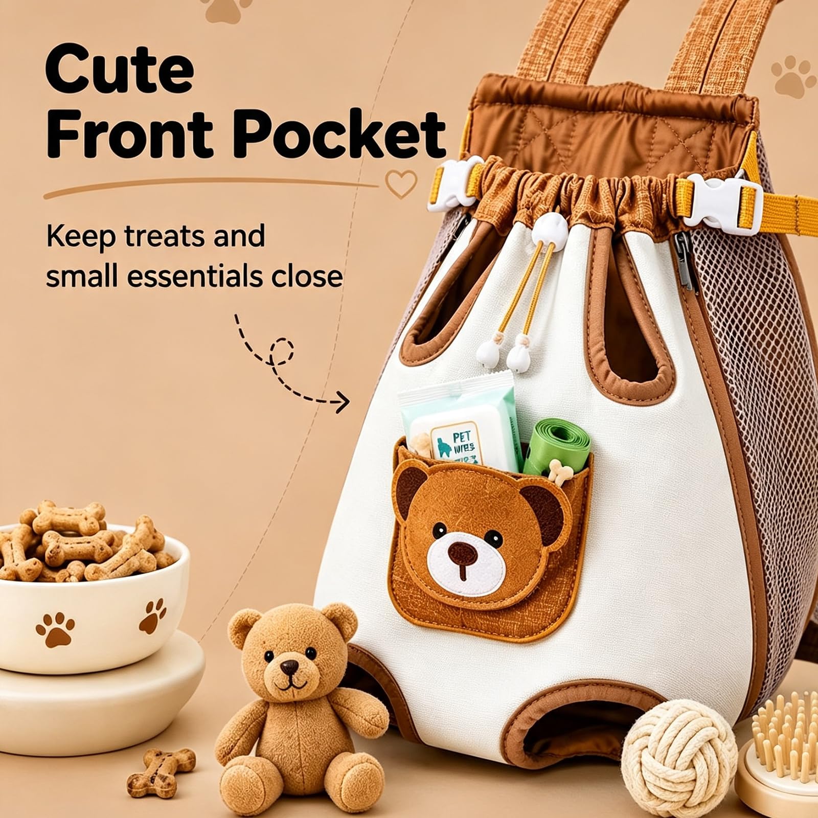 Cute Bear Pet Front Carrier Backpack, Hands Free Chest Carry Bag For Small Dogs Cats, Breathable Legs Out Design Adjustable Secure Buckles For Daily Walking Travel photo 7