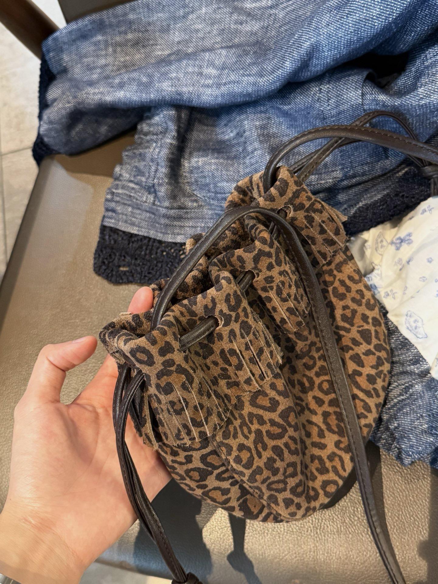 Tassel Bucket Bag, Genuine Leather Single Shoulder Diagonal Cross Bag, 2026 New Drawstring Underarm Bag, High-end Women's Commuting Small Bag - Leopard Print Coffee photo 3
