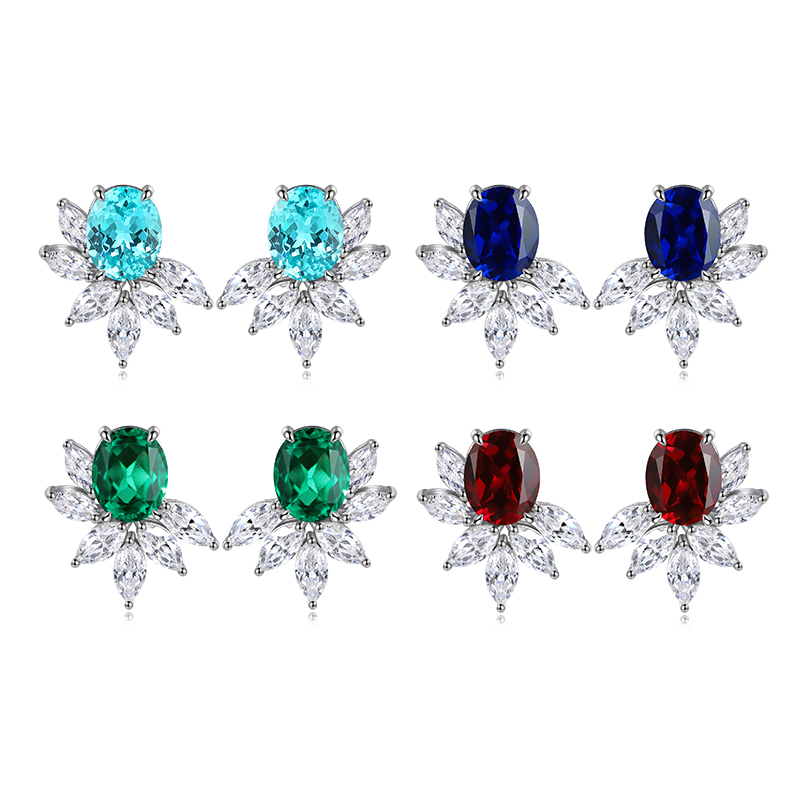S925 Silver 7.3g Lab Created Gemstone Earrings, 10x8mm Multi-Color Flower Studs, Ruby Sapphire Emerald Paraiba photo 1