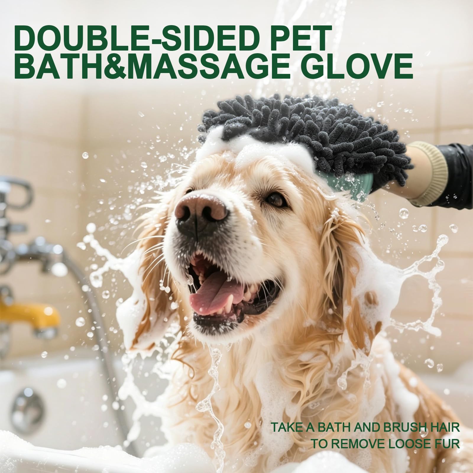 Green Double-Sided Dog Bath Glove Dog Washing Glove For Dogs&Cats Massage Dog Brush Glove,Chenille Absorbent Pet Towel Mitt,Pet Grooming Glove For Hair Removal Glove,Pet Bathing Glove photo 6