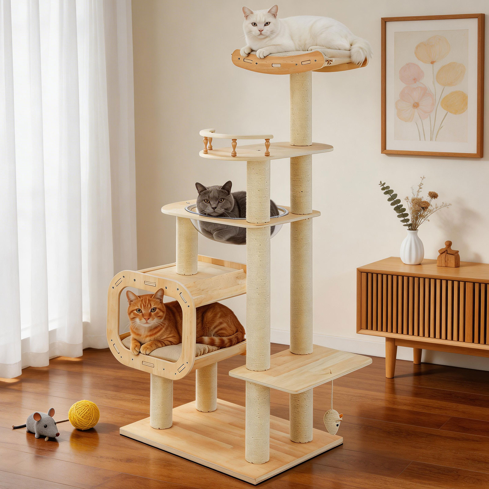 Modern Heavy-Duty No-Drill Cat Tree-Solid Wood Multi-Story Board, 4-Story Multi-Column Cat Tower, 57.9in For Multi-Cat Households, Open Condo, Space Capsule & Perch, Natural Wood Indoor Pet Furniture photo 1