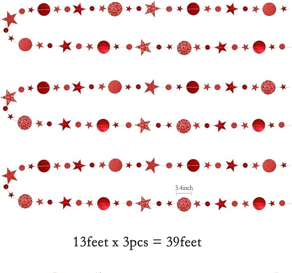 Red Circle Dot And Star Garlands Metallic Hanging Bunting For Christmas, New Year, Wedding And Party Decor photo 2