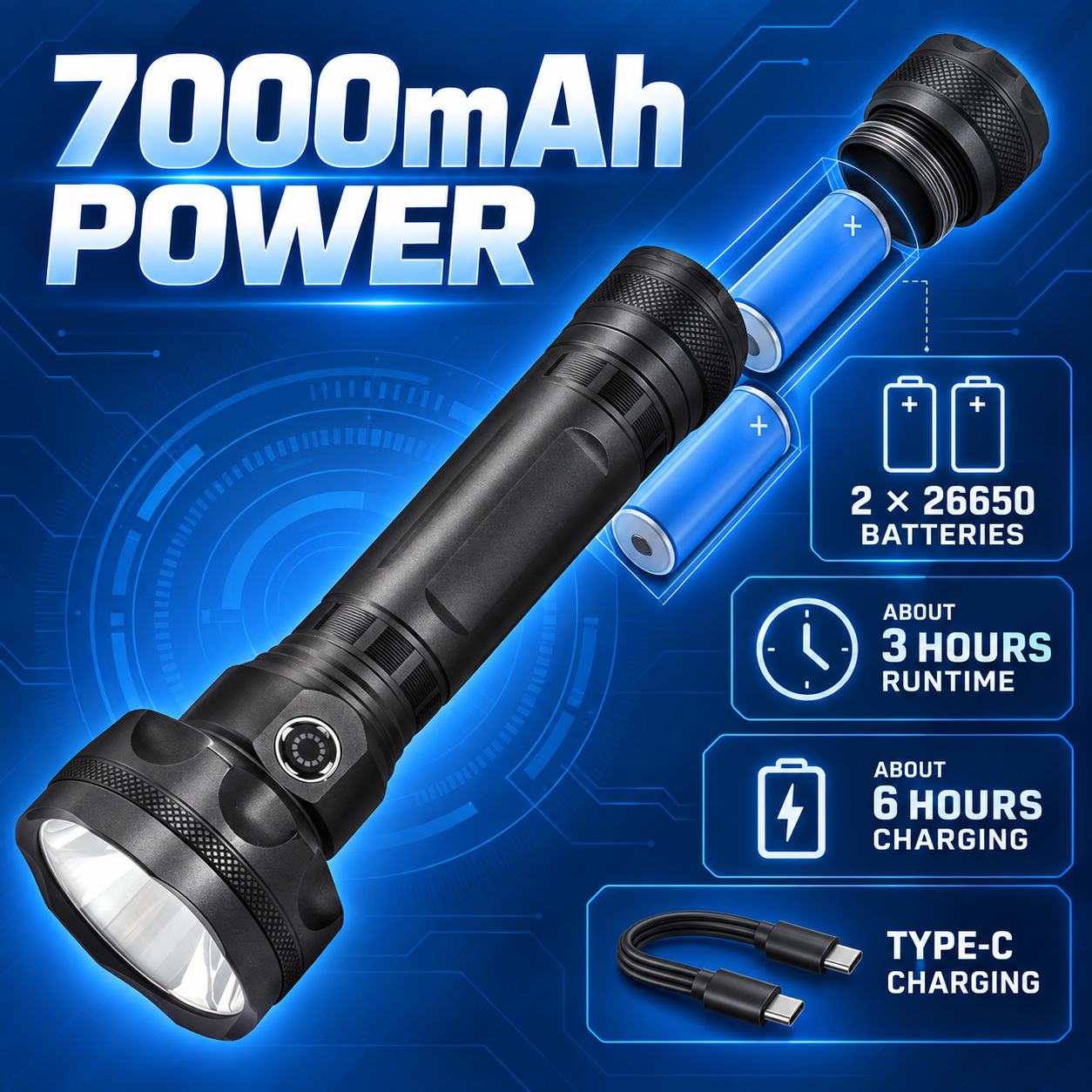 Rechargeable Type C LED Work Light 7000mAh W5212 2 3300LM SOS Mode Flashlight Wrist Strap photo 7