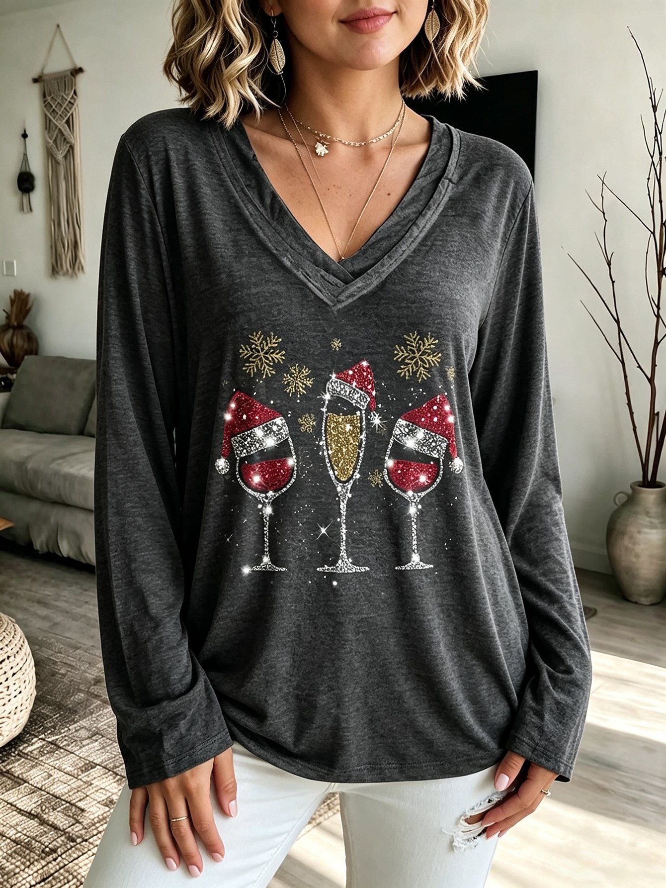 Plus Size Women Christmas Wine Glass Print Tunic Top V Neck Layered Long Sleeve T-Shirt photo 1