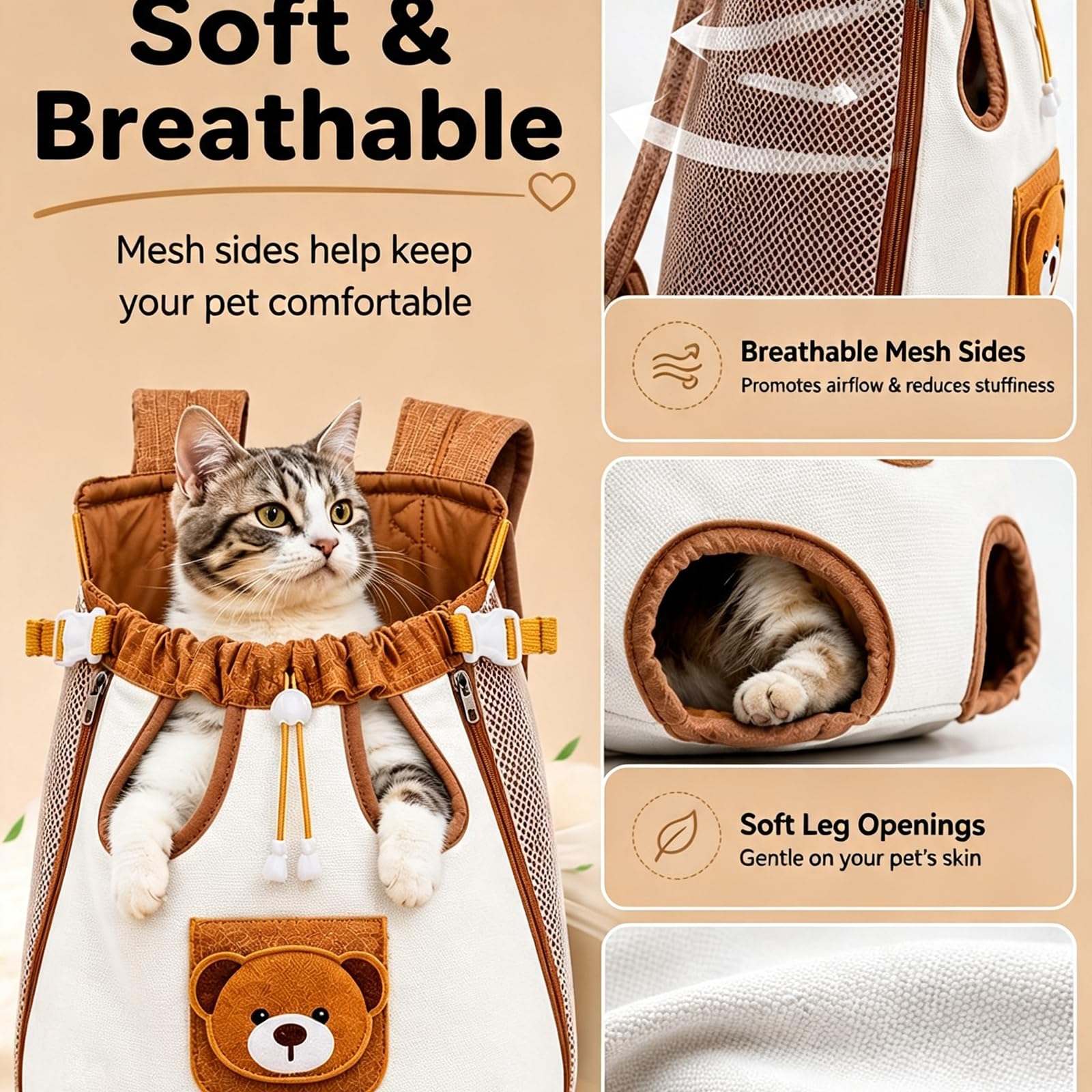 Cute Bear Pet Front Carrier Backpack, Hands Free Chest Carry Bag For Small Dogs Cats, Breathable Legs Out Design Adjustable Secure Buckles For Daily Walking Travel photo 8