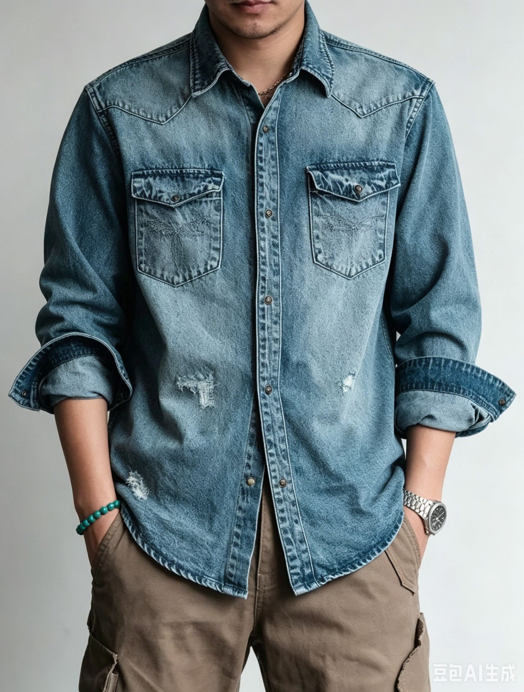Vintage Western Denim Shirt Men Distressed Long Sleeve Washed Jean Shirt US Warehouse Stock photo 1