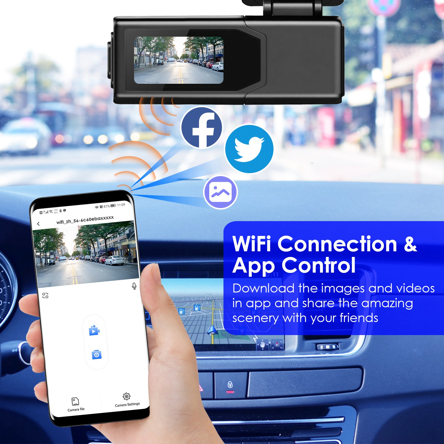 1Pc 2K HD Front Dash Cam For Car With IPS Screen Night Vision Loop Recording Included 32G Storage Card 140 Degree Wide Angle WiFi App Control Front Dashcam photo 5