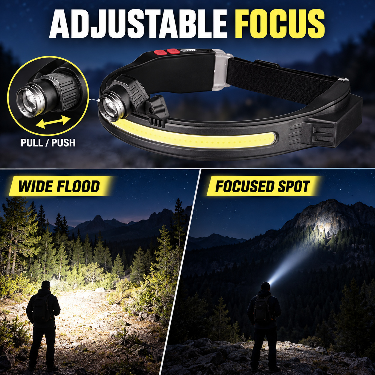 Rechargeable Zoomable Battery Display Type C LED Work Light 1200mAh W694 1 370LM Headlamp COB photo 3