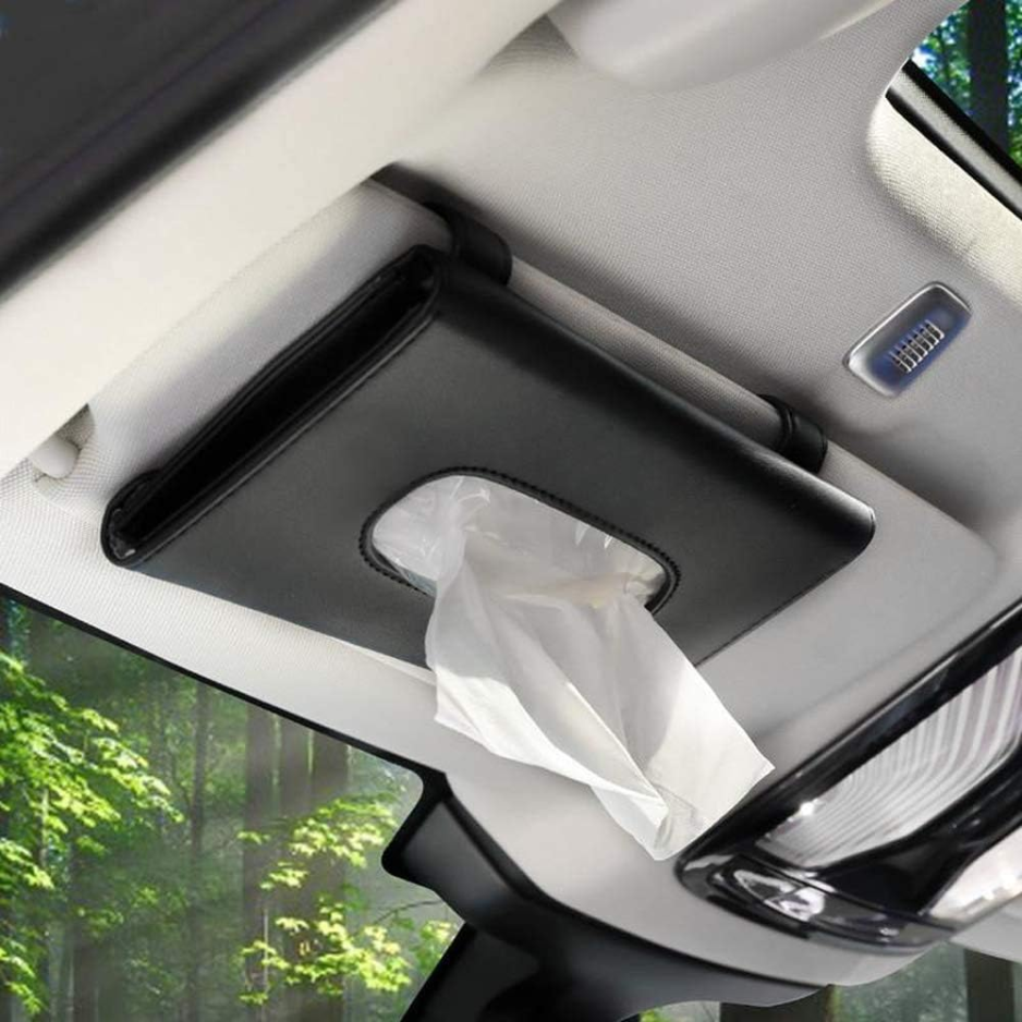Black PU Leather Car Tissue Holder For Sun Visor, Hanging Napkin Case Box For Vehicle Interior photo 1
