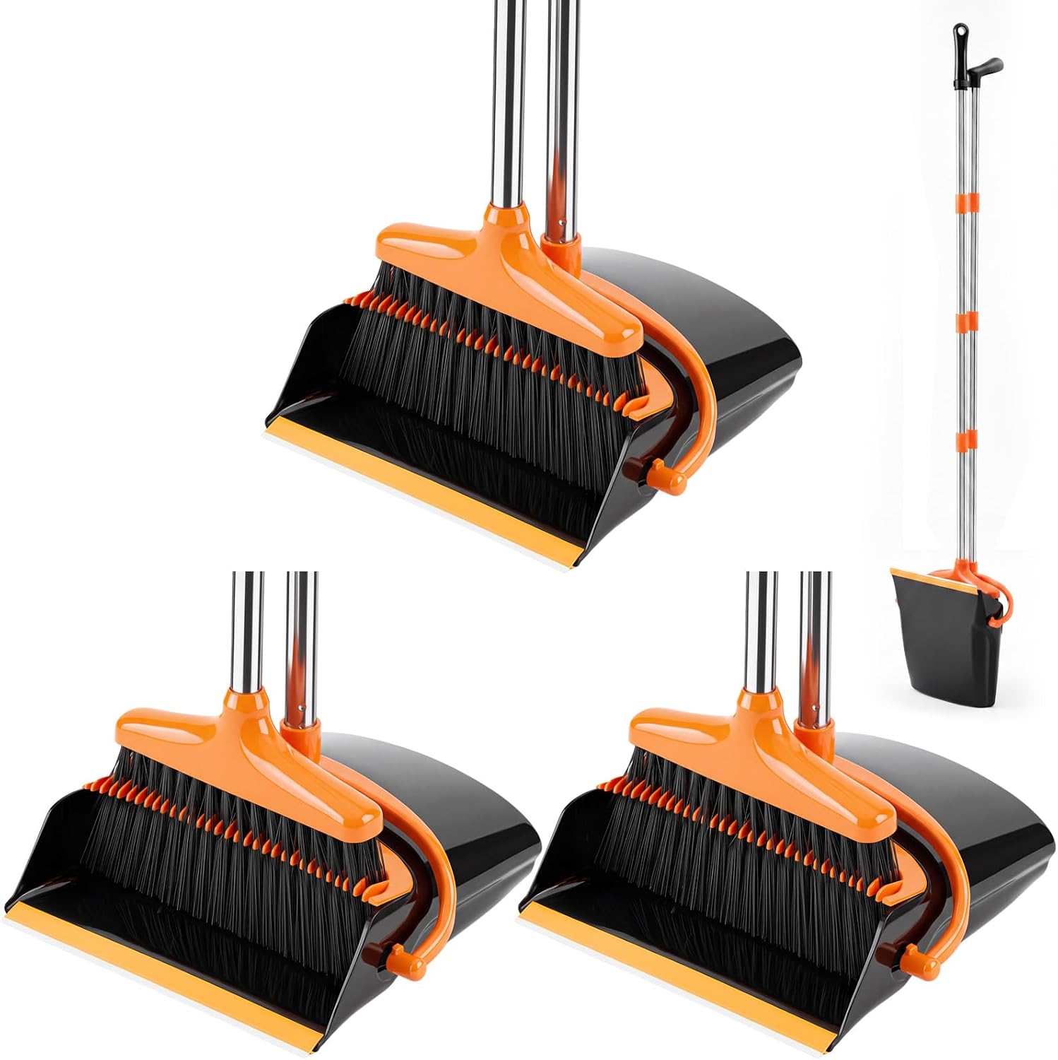 54.33-inch Long-handled, One-piece Design, Lightweight Stainless Steel Handle, Upright Dustpan With Broom Combination, Suitable For Household, Kitchen, Office And Pet Hair Cleaning Black And Orange. photo 2