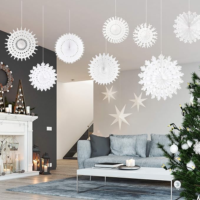 16-Piece White Paper Snowflake Decorations Assorted Sizes For Christmas, Winter Wedding And Party Decor photo 6