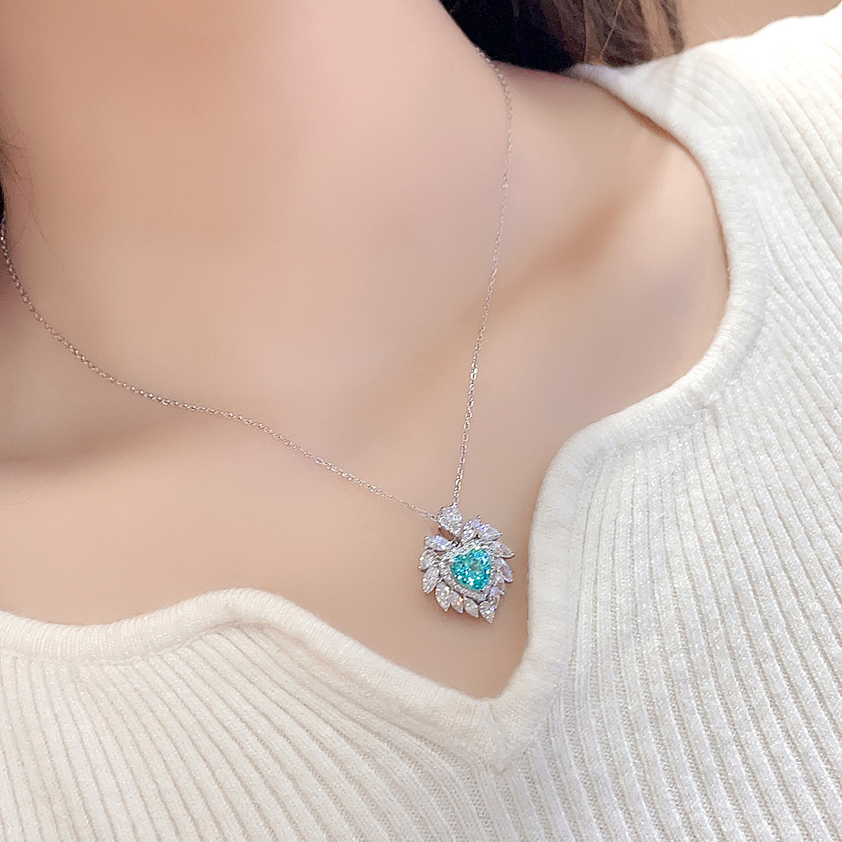 S925 Silver 4.3g Heart Lab-Created Gemstone Necklace, 7mm 5 Colors, 40&5cm photo 7