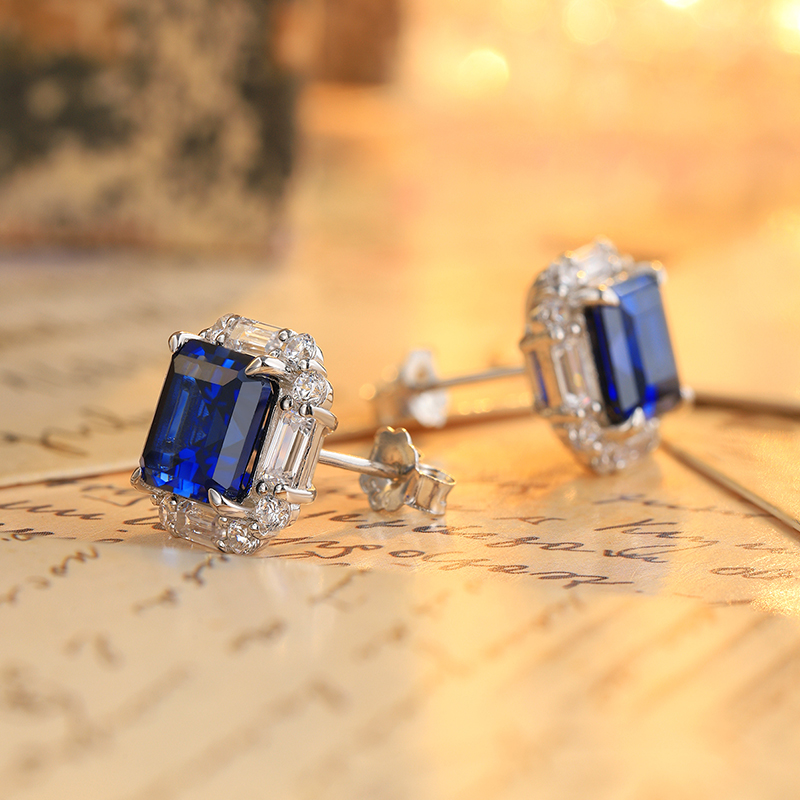 S925 Silver 5g Lab-Created Ruby Sapphire Emerald Studs, 8x8mm Octagon Cut, GRA Certified photo 6