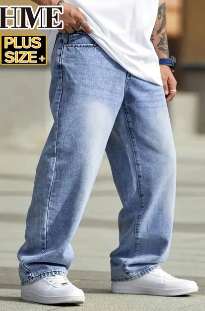 Light Blue Jeans Men Relaxed Fit Loose Denim Pants Casual Streetwear Plus Size Big Tall Men's Ready Stock photo 1