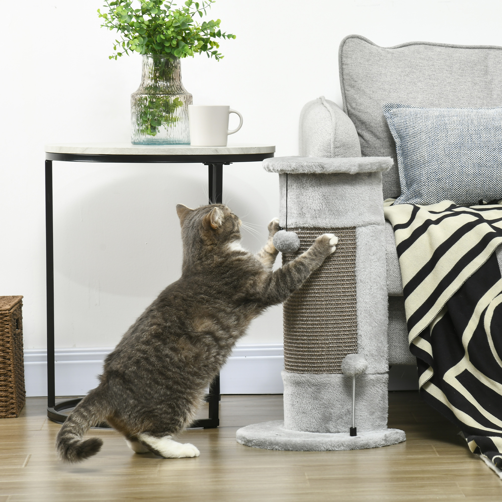 58cm Cat Scratching Post, With Covered Plush, Play Balls, For Corner Walls - Grey photo 1