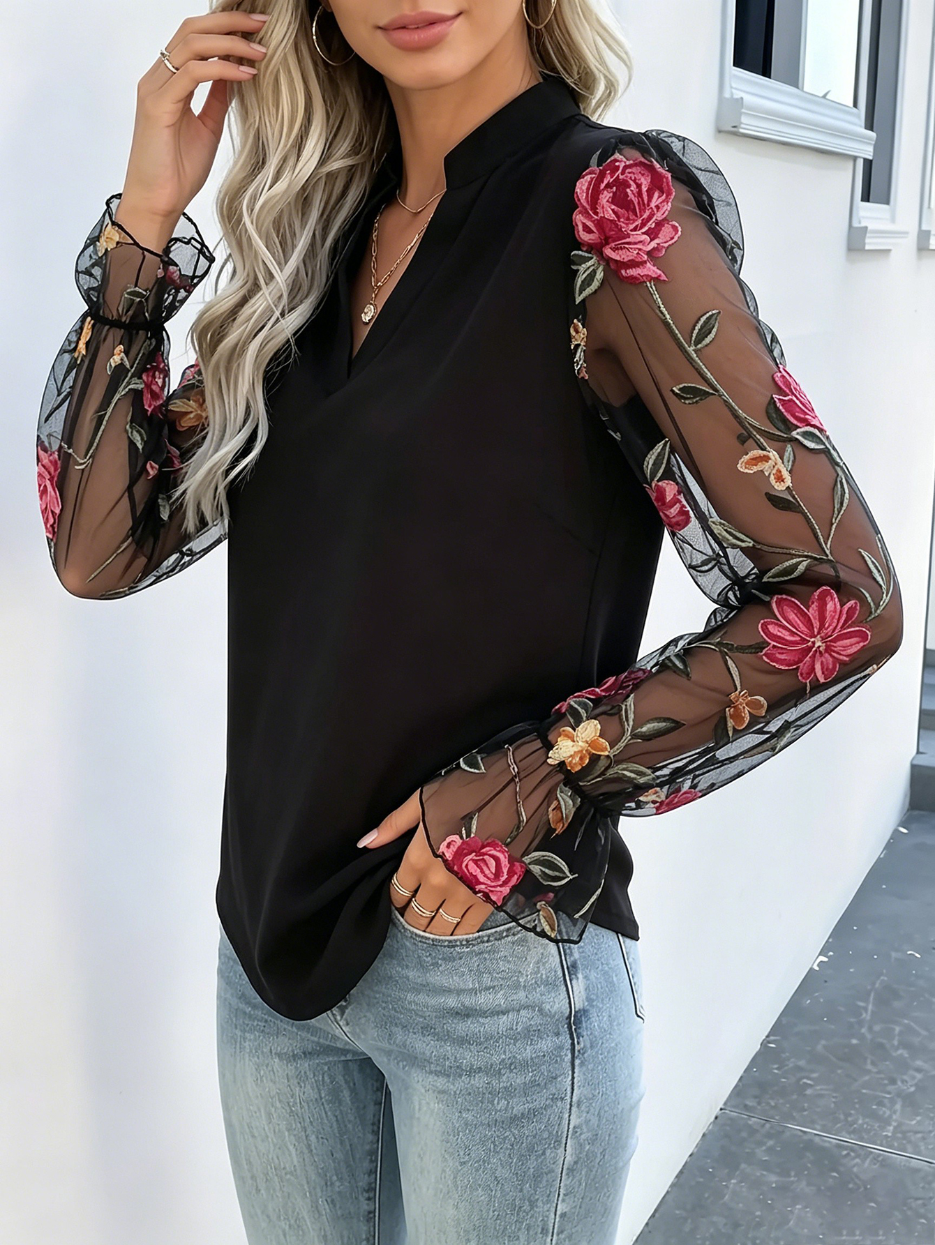 Women Stand Collar Split V Neck Satin Blouse Floral Embroidery Sheer Mesh Flare Long Sleeve Elegant Casual Shirt photo 5