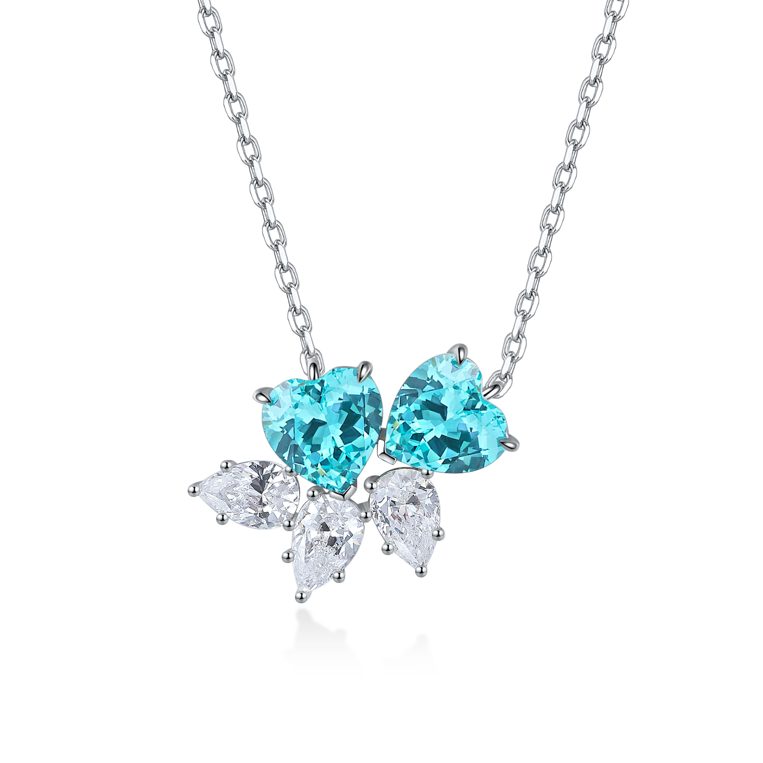 S925 Silver 4.1g Double Heart Lab-Created Gemstone Necklace, 7mm Pendant, 4 Colors, 40&5cm photo 5