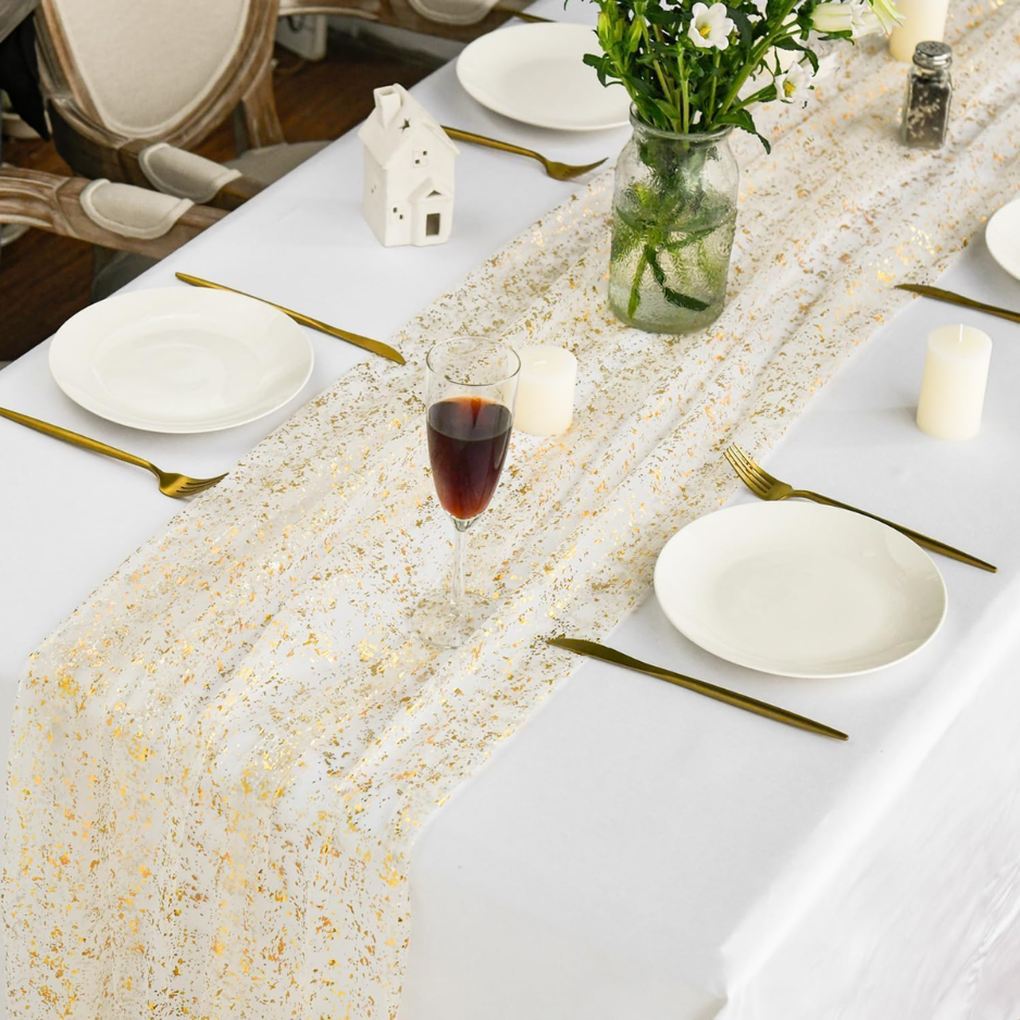 Gold Gauze Table Runner 120 Inch 10FT, Glitter Metallic Foil Sheer Dining Wedding Anniversary Holiday Birthday Table Decor For Home Party photo 3