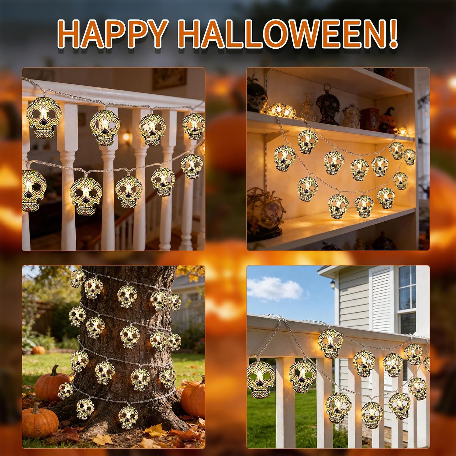 30 LED 15FT Halloween Skull String Lights Battery USB Powered With 2 Flashing Modes Indoor Outdoor Decor photo 3