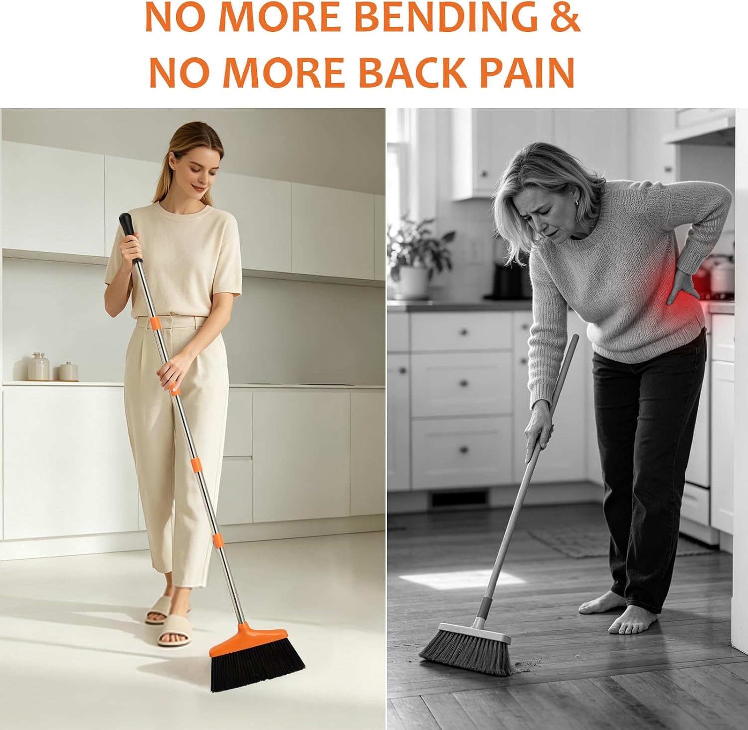 54.33-inch Long-handled, One-piece Design, Lightweight Stainless Steel Handle, Upright Dustpan With Broom Combination, Suitable For Household, Kitchen, Office And Pet Hair Cleaning Black And Orange. photo 4