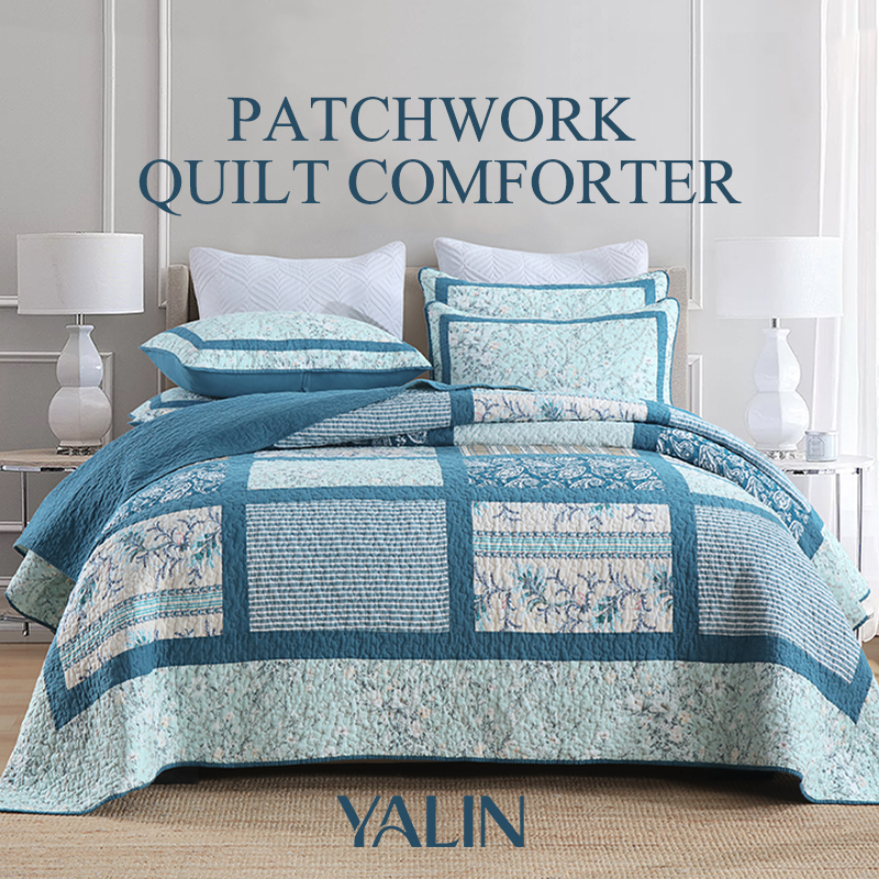90x98 & 98x106 3 Piece Teal Blue Patchwork Quilt Comforter Set Paisley Floral Stripe Print Handmade Patchwork Quilted Bedspread Cotton Filled Reversible Coverlet Non-Slip Anti-Wrinkle Easy Care photo 1