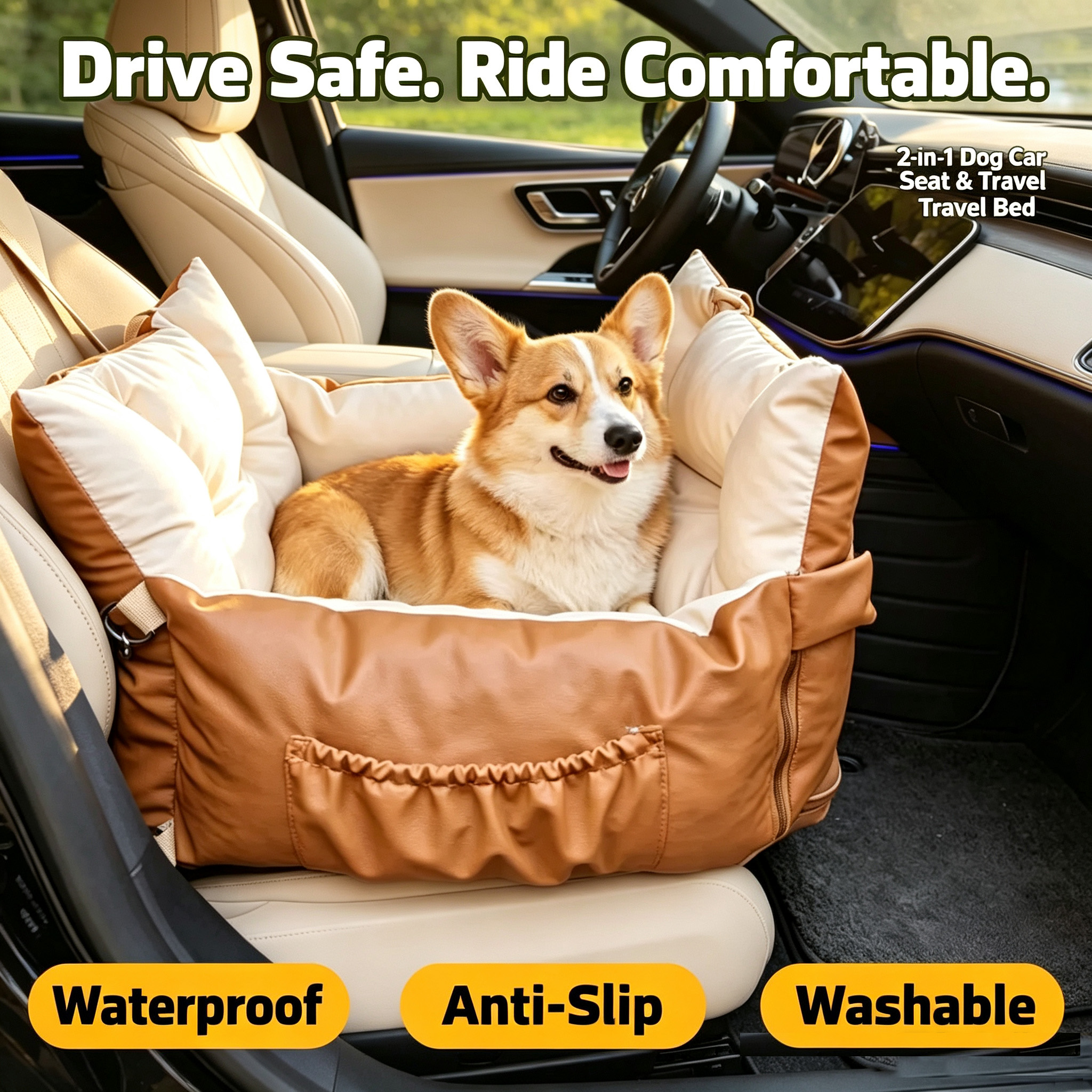 Waterproof Dog Car Seat Bed 2 In 1 Convertible Pet Travel Carrier Safety Booster Seat With Storage Pocket Washable Anti Slip Puppy Car Bed For Small Medium Dogs Reversible 2 Sided Design photo 3