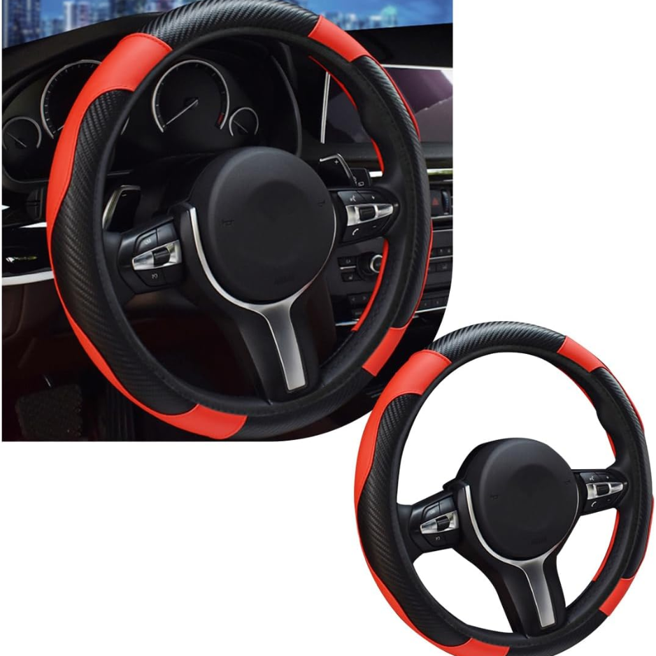 Car Steering Wheel Cover, 15 Inch Leather Breathable Auto Steering Wheel Protector, Comfortable Non-Slip Vehicle Steering Wheel Covers, Universal Interior Car Accessories Black & Red photo 1