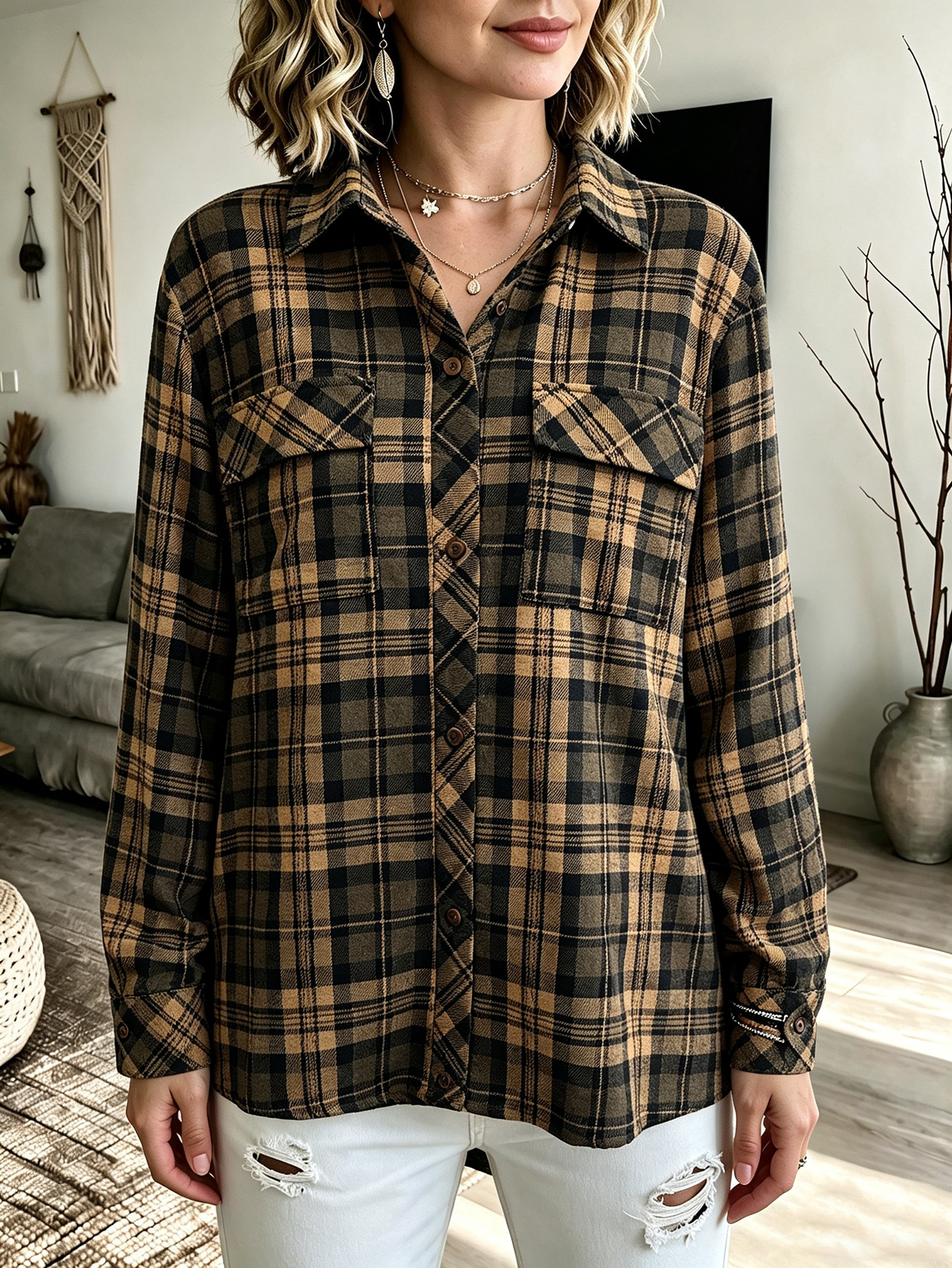 Women Plaid Flannel Shirt Jacket Long Sleeve Lapel Button Down Shackets With Chest Pockets For Fall photo 3