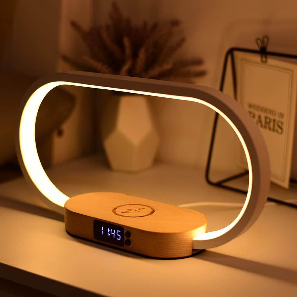 Donewin Bedside Lamp With Wireless Charger,Wooden Table Lamp With Charging Station,Touch Nightstand Lamp With Clock,3 Color Stepless Dimming Touch Lamp For Bedroom,Unique Gifts For Women photo 6