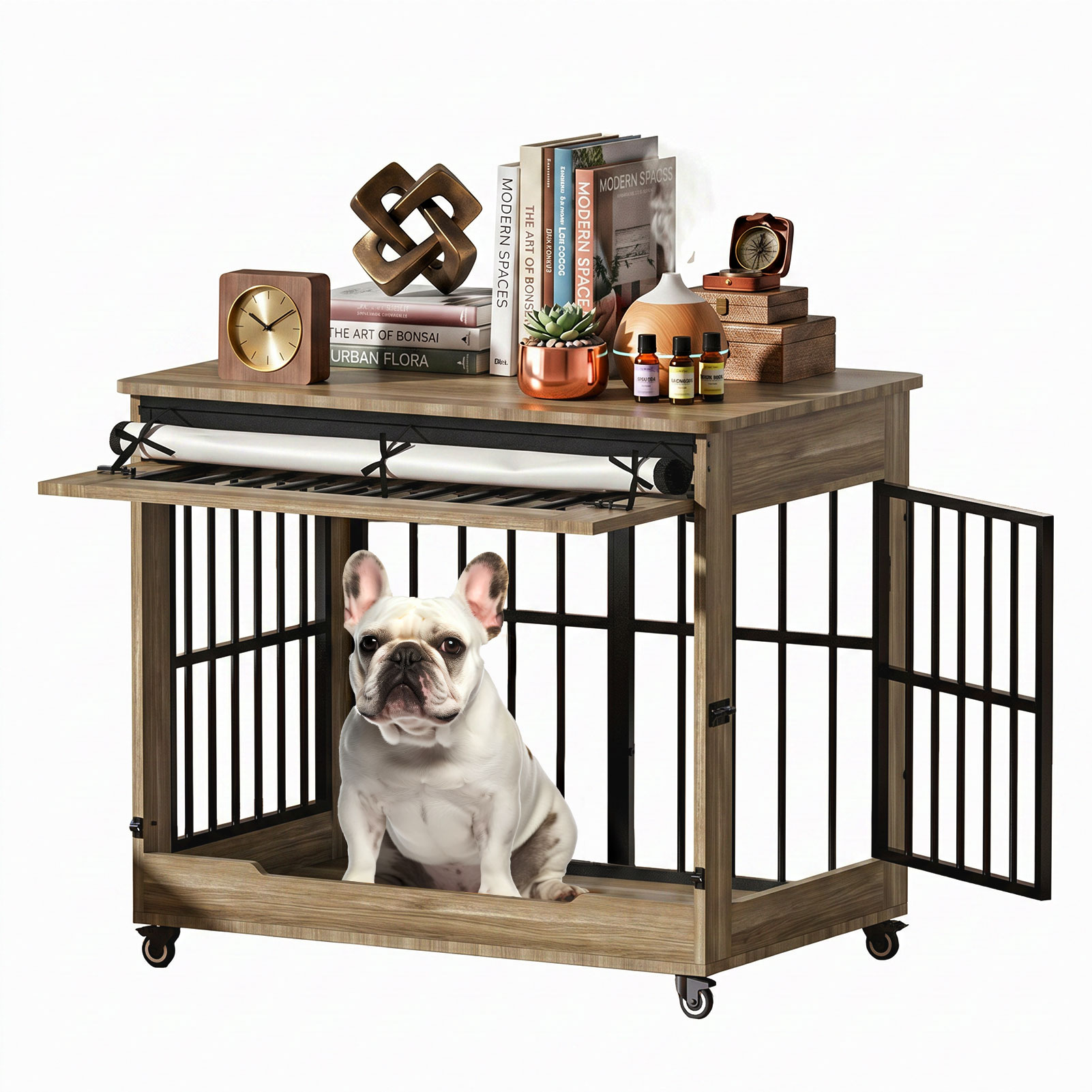 38in  Dog Crate Furniture, Double Door Wooden Indoor Dog Kennel Furniture, Decorative Pet Cage End Table With Wheels For Large And Medium Breed Dogs, Size L, Greige photo 5