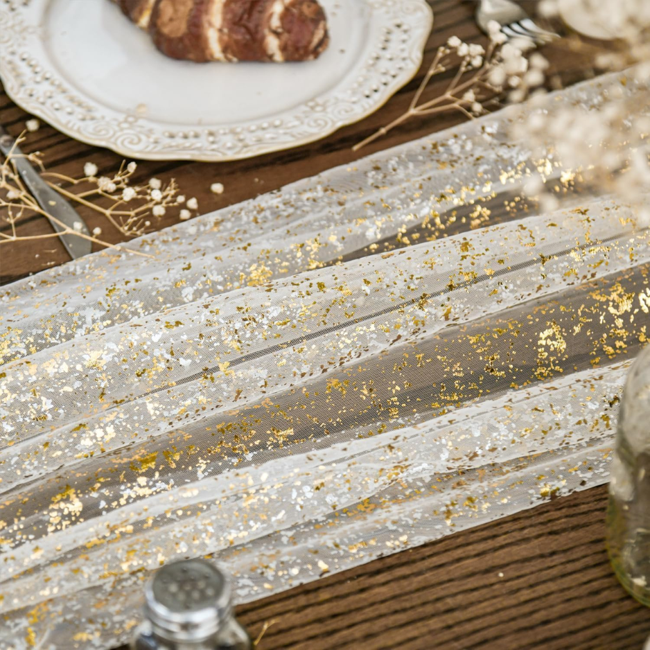 Gold Gauze Table Runner 120 Inch 10FT, Glitter Metallic Foil Sheer Dining Wedding Anniversary Holiday Birthday Table Decor For Home Party photo 4