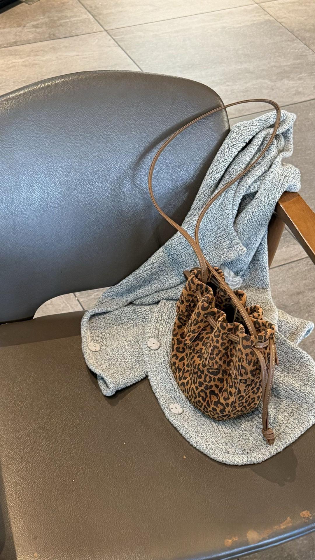 Tassel Bucket Bag, Genuine Leather Single Shoulder Diagonal Cross Bag, 2026 New Drawstring Underarm Bag, High-end Women's Commuting Small Bag - Leopard Print Brown photo 6