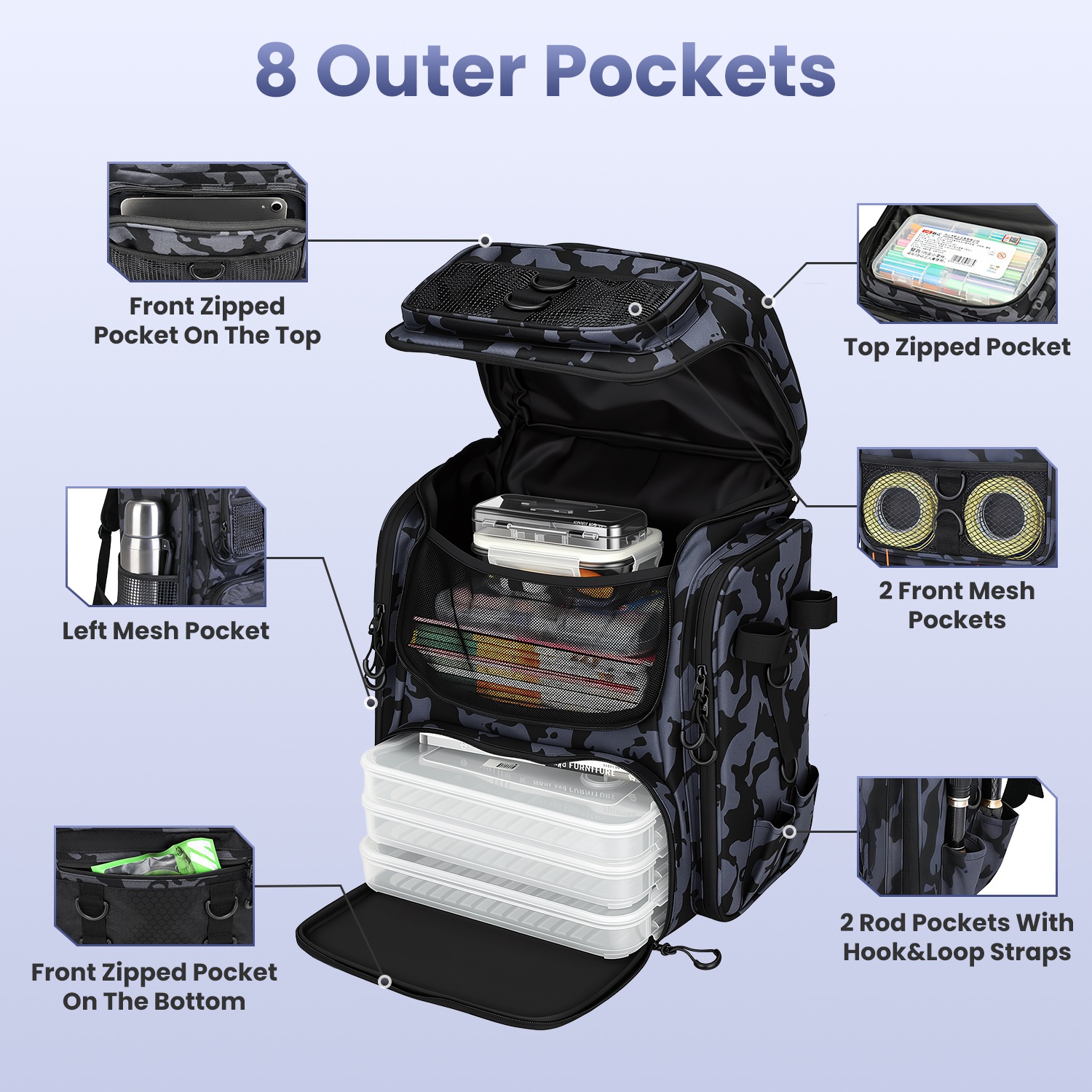 42L 11Gal Fishing Backpack Large Capacity Fishing Tackle Storage Bag With Rod Holders 16 Pocket Water-Resistant With Divider Adjustable Padded Straps For Fishing Gear Outdoor Camping Hiking photo 6