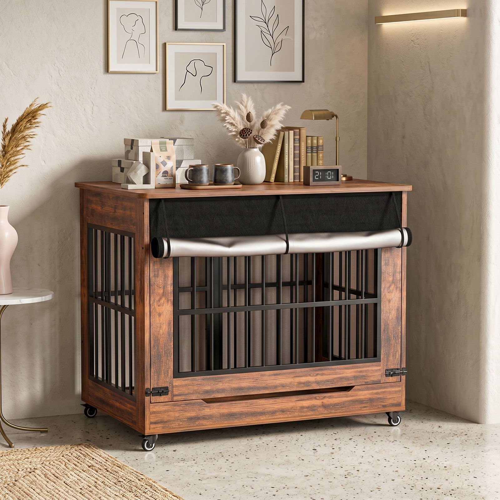 42in  Large Dog Crate Furniture, Double Door Wooden Indoor Dog Kennel Furniture, Decorative Pet Cage End Table With Wheels For Large Breed Dogs, Size XL, Greige photo 7