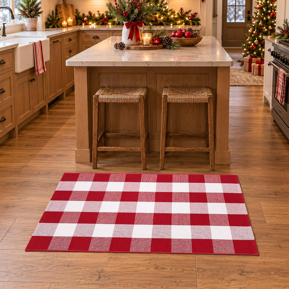 Christmas Red And White Plaid Door Mat, 28 X 43 Inches Cotton Hand-Woven Layered Entry Mat For Front Porch, Entryway, Outdoor Holiday Decor, Washable photo 6