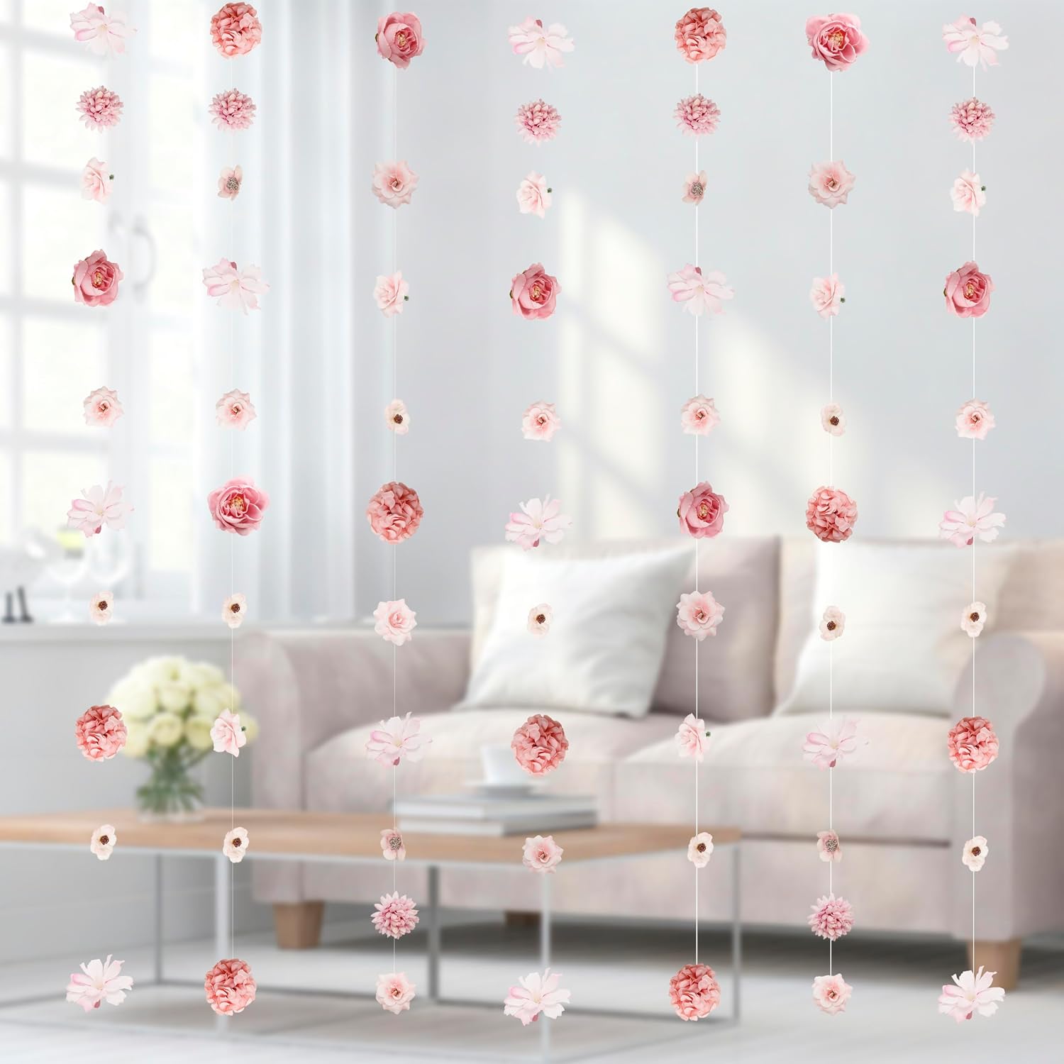 Pink Hanging Flower Garland 6 Units With Hooks, Artificial Floral Decorations For Wedding, Party, Home Wall, Door And Room Decor photo 1