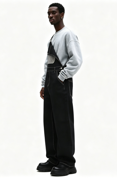 Black Denim Overalls Men Asymmetric One Shoulder Baggy Wide Leg Streetwear Jumpsuit US Ready Stock photo 6