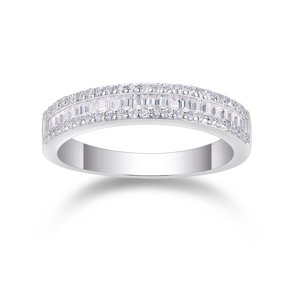 S925 Silver 2.8g Platinum Plated Moissanite Ring, 4.5mm Baguette & Round Pave Band, GRA Certified US 5-9 photo 2