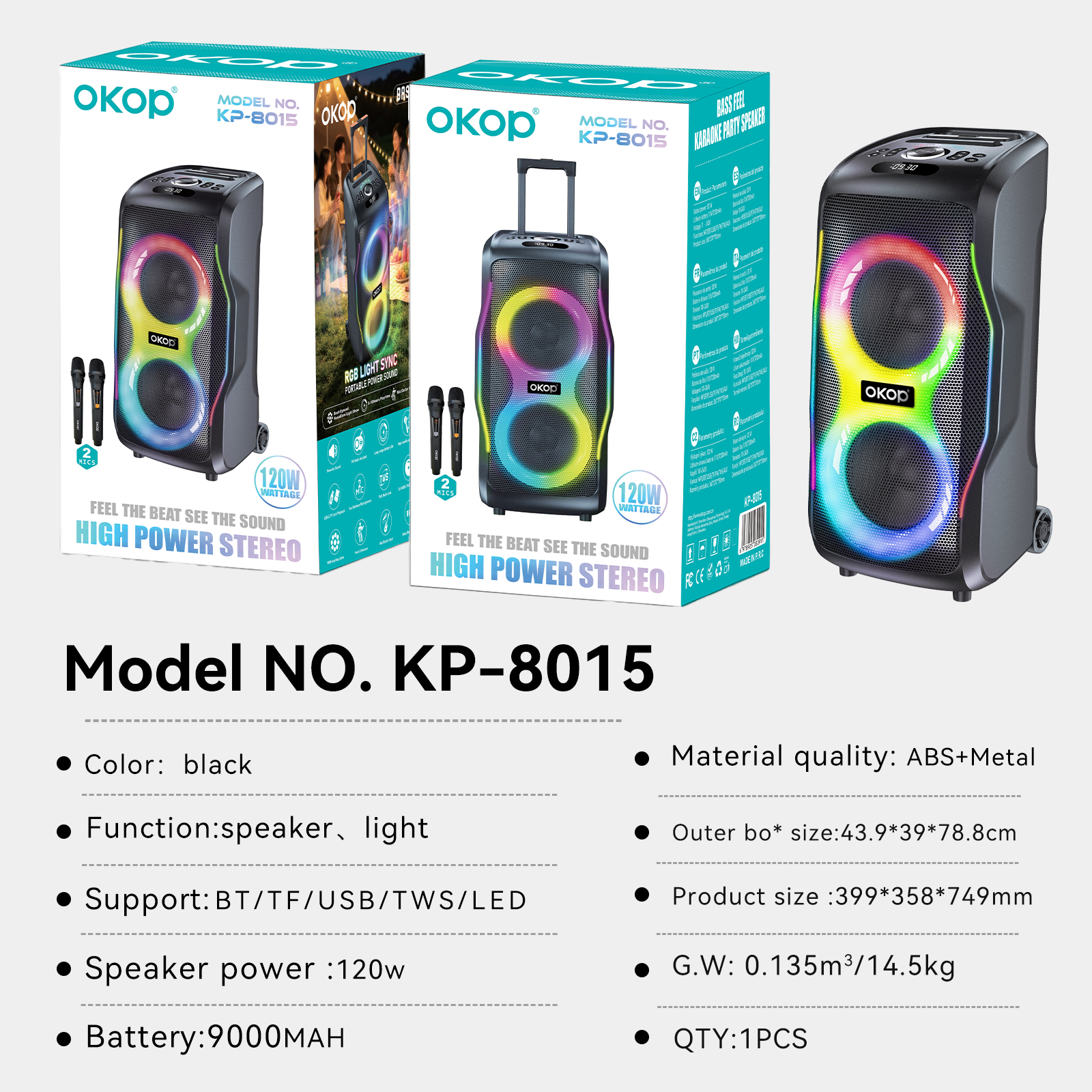 KP-8015 Best-Selling Bluetooth Speaker New High-Power 120W Outdoor Model With Dual Microphones Long Battery Life And Karaoke Functionality In Stock photo 7