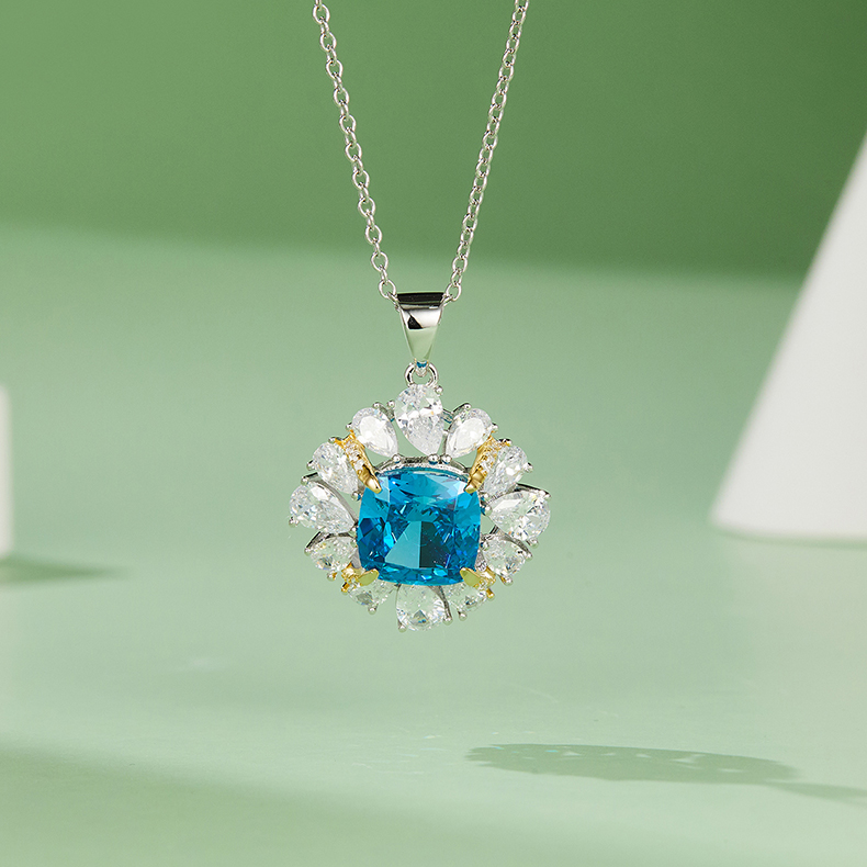S925 Silver 4g Lab-Created Gemstone Necklace, 10x10mm Cushion Two-Tone Pendant, 40&5cm photo 3