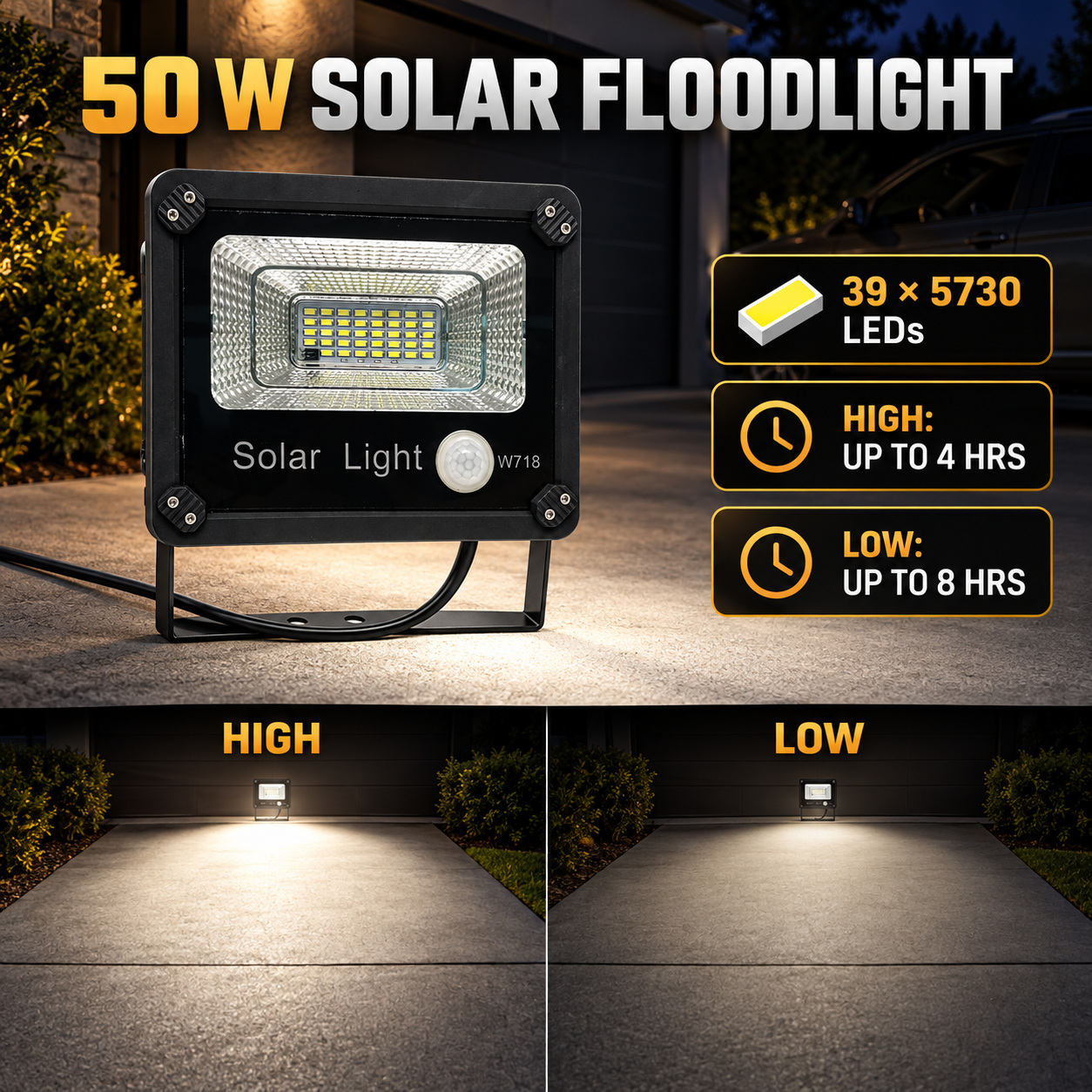 Solar Powered Motion Sensor LED Work Light 50W 5000mAh For W718 Street Remote Control Battery photo 7