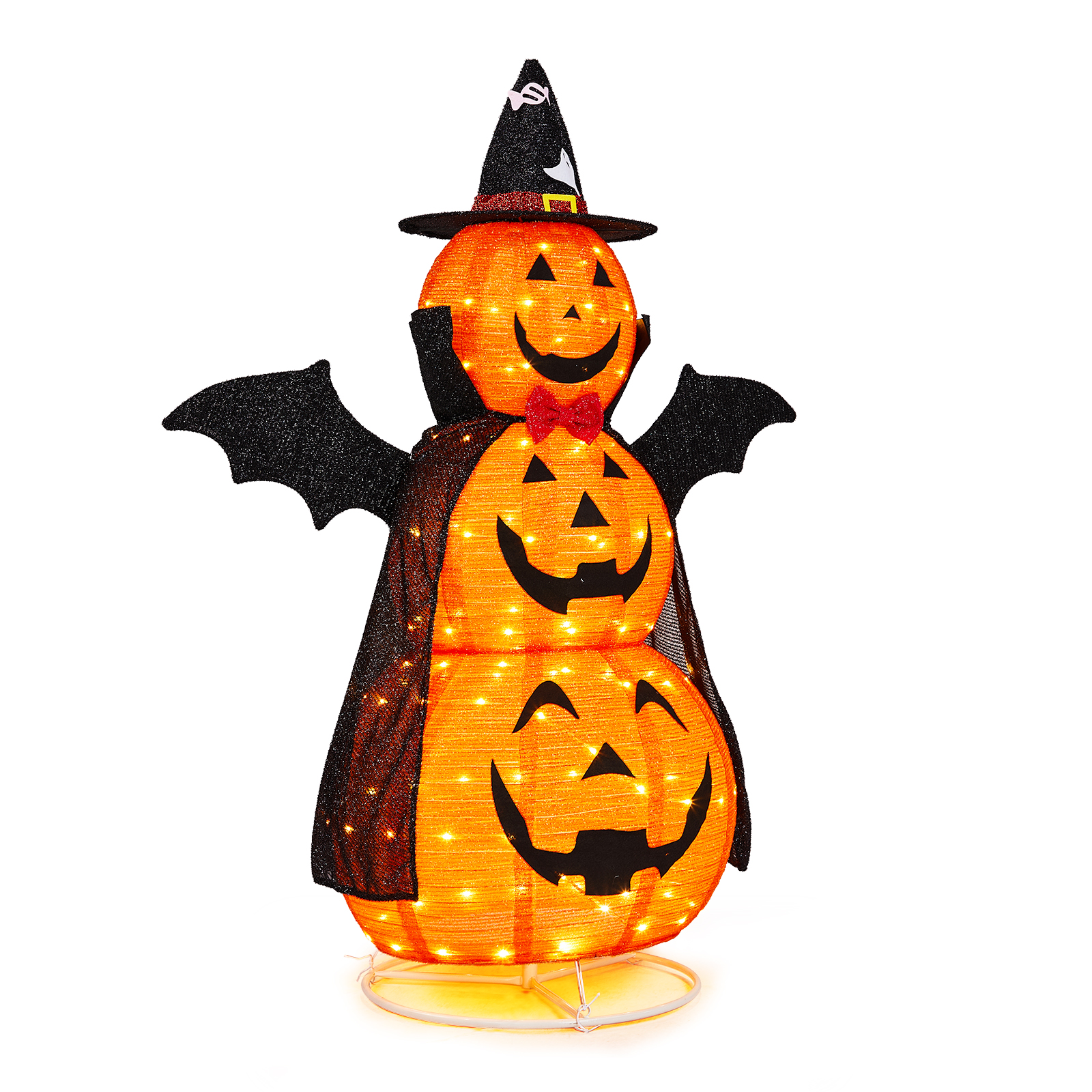 5ft Orange 3-Tier Retractable Fabric Pumpkin Halloween Light Decor With Cape & Wings,130 Warm White LED String Lights,4.5V 3.6W photo 1
