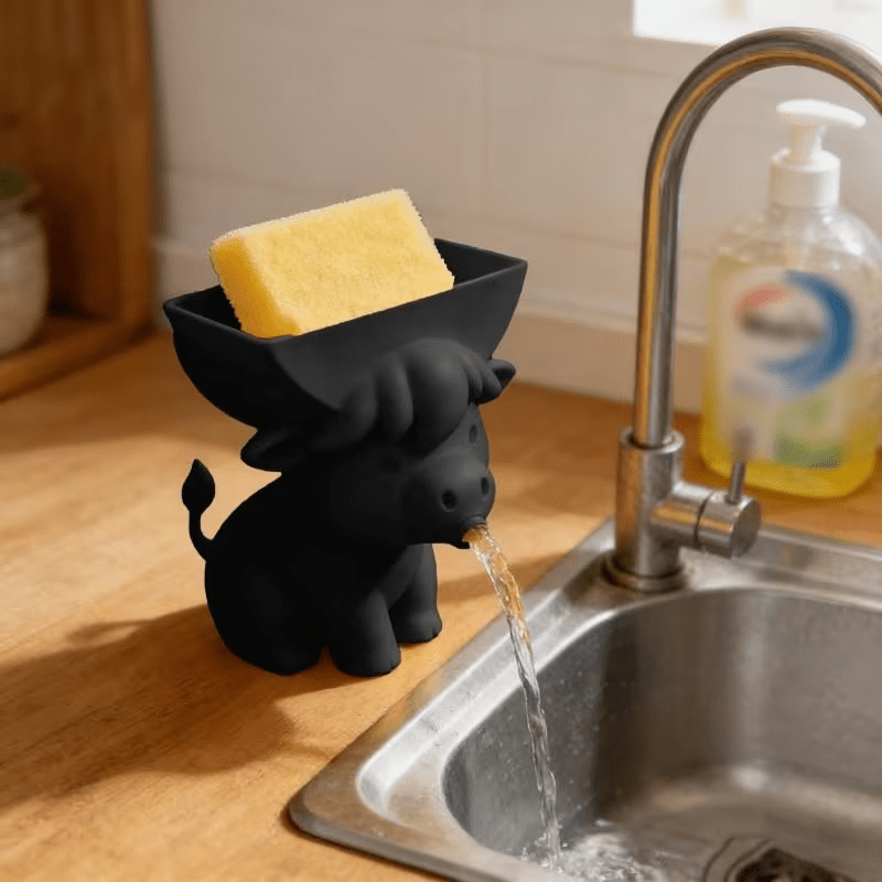 Cute Cow Sponge Holder, Kitchen Sink Organizer With Drain Spout, Animal Shaped Sponge Storage Rack For Countertop photo 2
