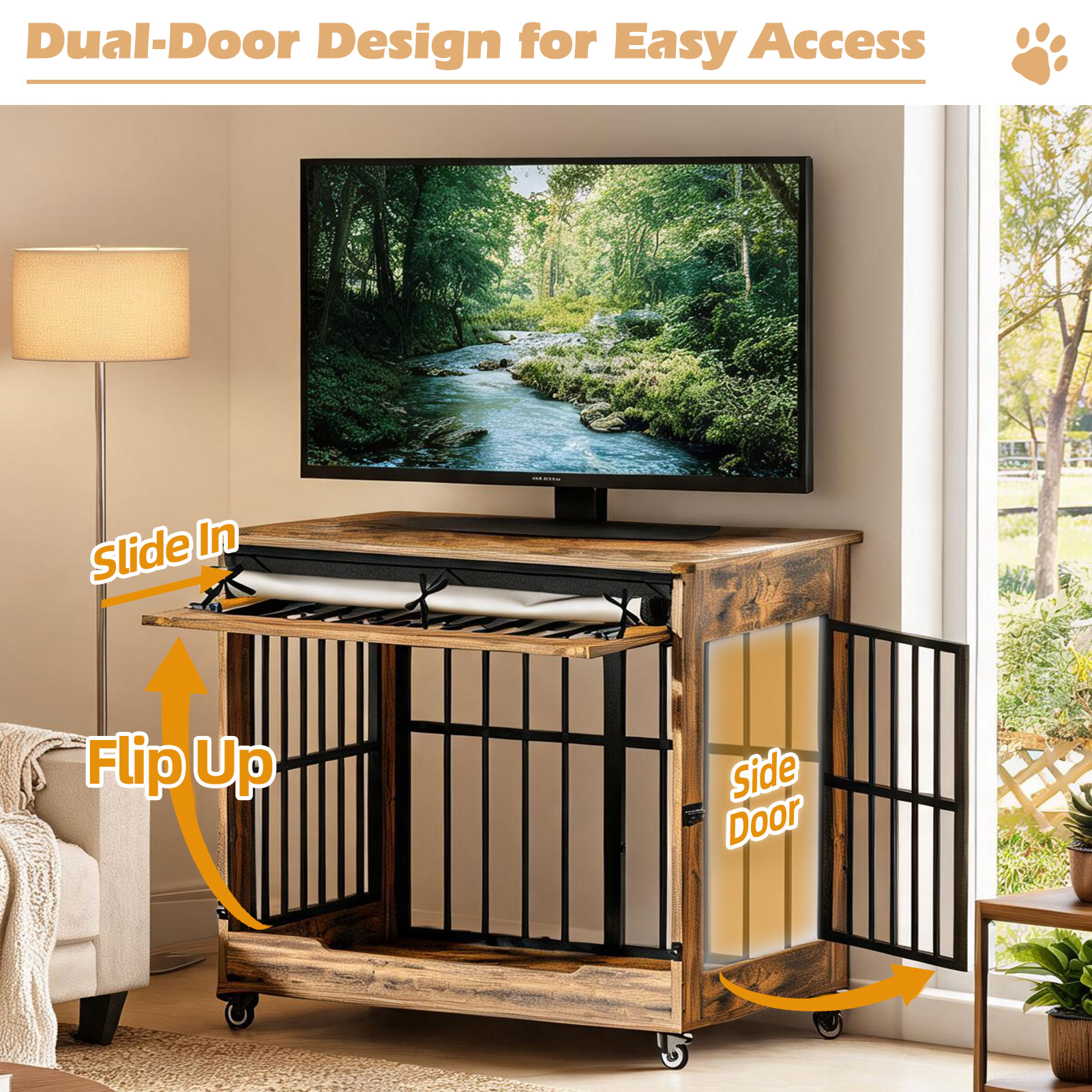 42in  Large Dog Crate Furniture, Double Door Wooden Indoor Dog Kennel Furniture, Decorative Pet Cage End Table With Wheels For Large Breed Dogs, Size XL, Greige photo 8