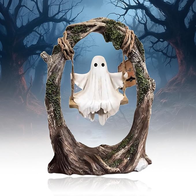 Halloween Ghost On Tree Swing Figurine Cute Swinging Ghost Statue For Desktop Shelf Mantel And Table Decor photo 1