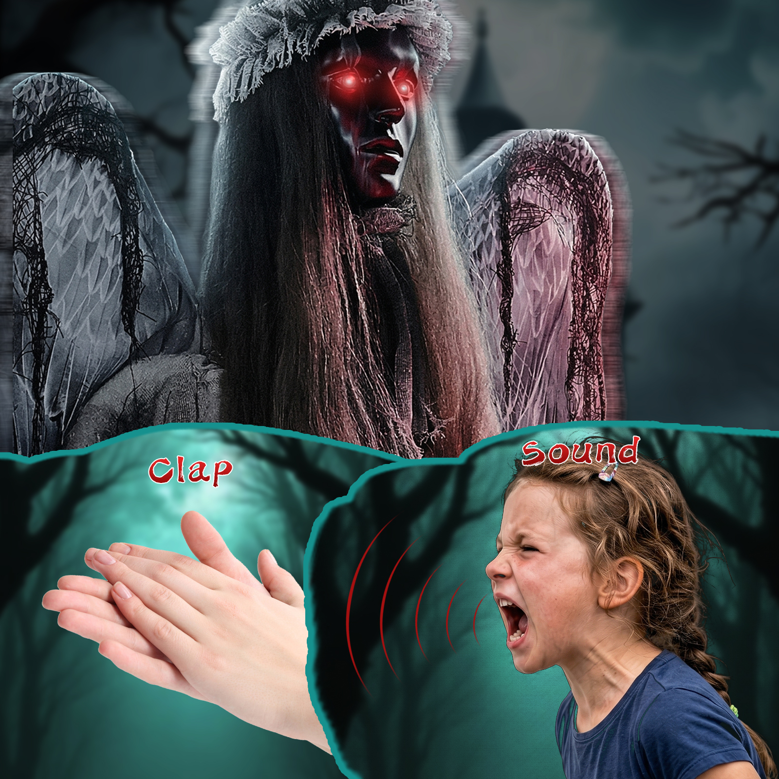 5.7-foot Halloween Weeping Angel Decoration With Red Light Eyes, Sound Activated Trembling, Rotation And Head Up Actions, Weeping And Scream Sound Effects, Excluding Battery Powered photo 2